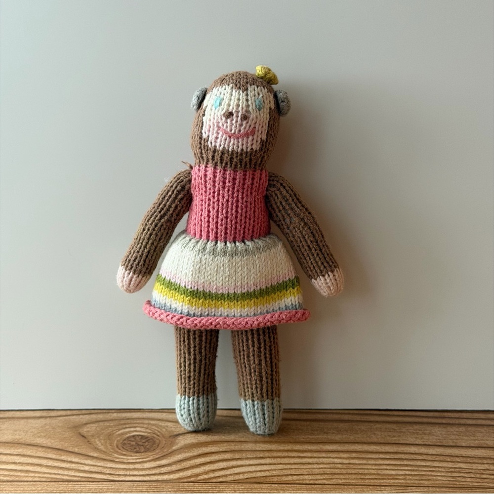 Blabla School Book Girl Monkey Handmade Knit Baby Rattle Cotton With Polyfill 7”